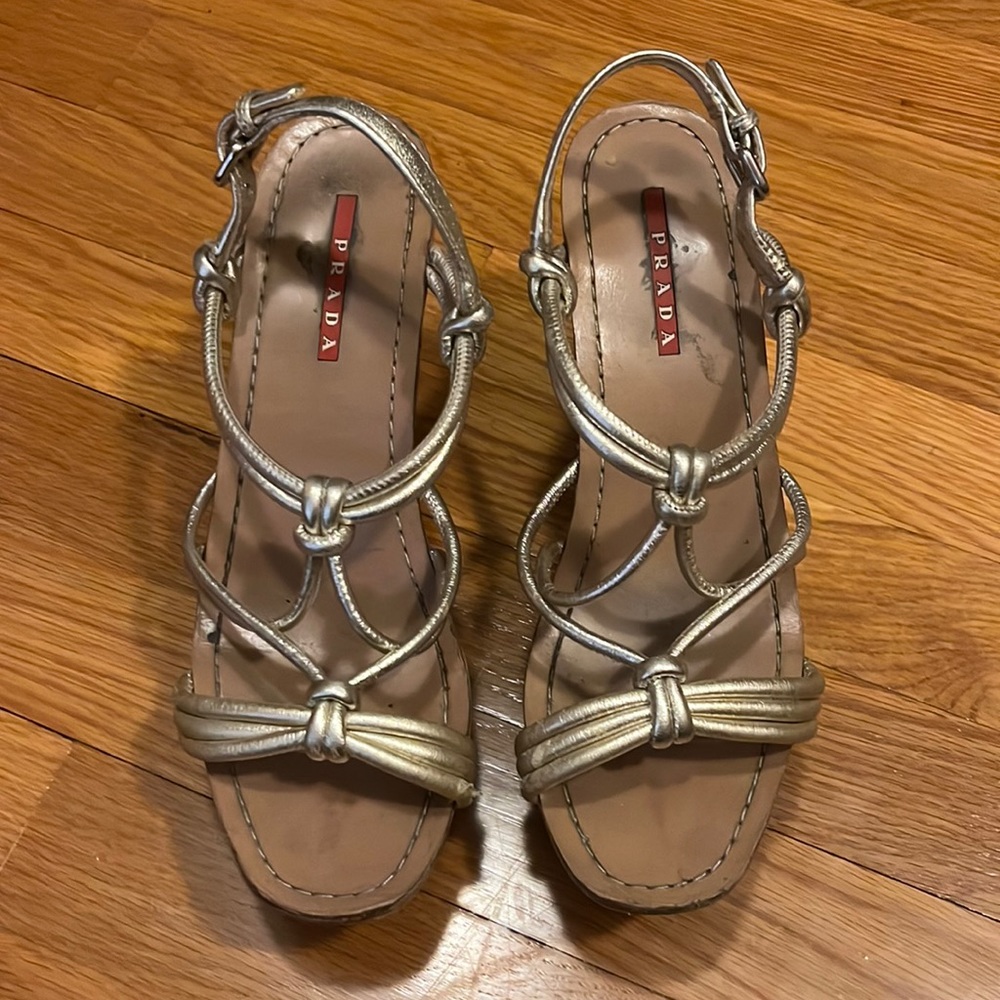 Metallic Prada wedge